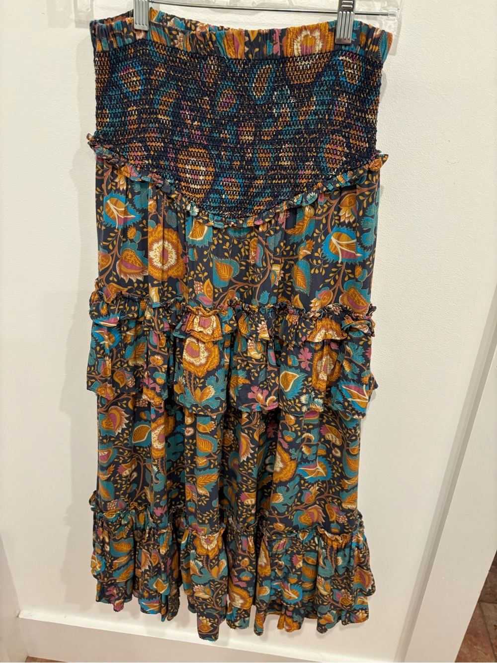 House of Harlow Maxi Skirt Womens Small Smocking Ruffles Bohemian Blue Ochre - Picture 12 of 12